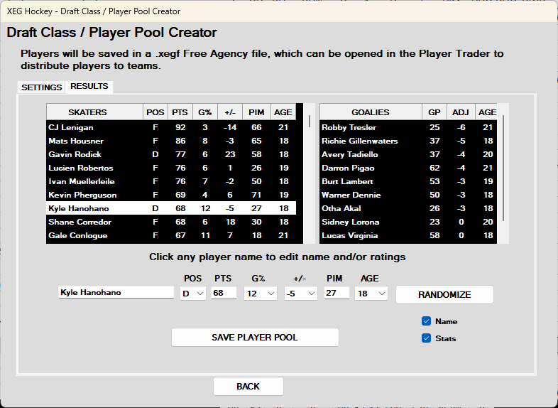 Draft Class / Player Pool Creator